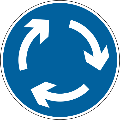 Mini-roundabout sign — blue circle with three arrows