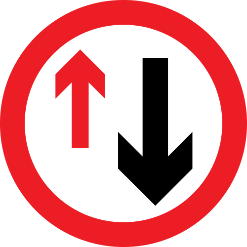 Give way to oncoming vehicles — red border square with red and black arrows