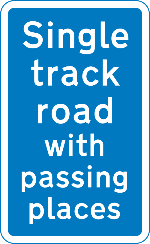 Single-track road with passing places ahead sign
