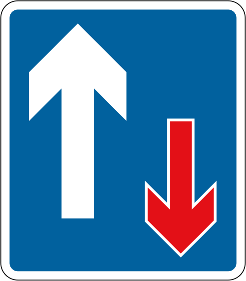 Priority over oncoming vehicles — blue square with white and red arrows